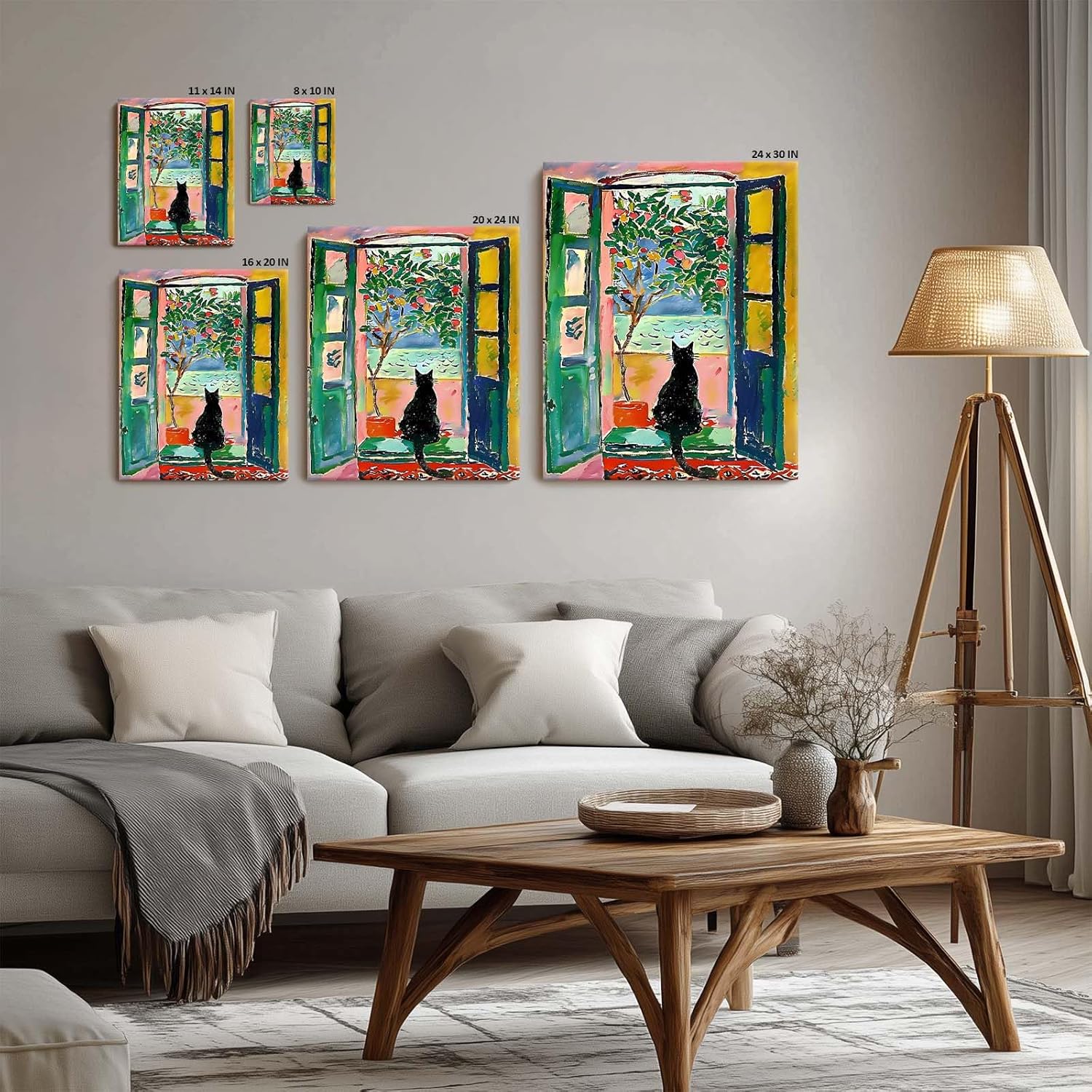 Abstract Canvas Wall Art, Black Cat Looking Through Open Window Print, Colorful Tree and Ocean View Print Framed Artwork, Modern Wall Decor for Living Room, Bedroom, and Office 8x10inch - Image 5