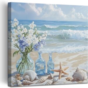 Blue Beach Canvas Wall Art Coastal Floral Vase Wall Decor Picture Ocean Theme Seascape Starfish Conch Poster Print for Bathroom Bedroom Living Room Office Decoration 20x20in