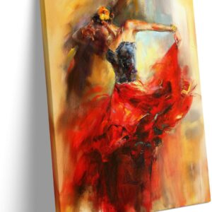 Dancing Lady Oil Paintings Spanish Flamenco Dancer Canvas Wall Art, Elegant Woman Dancing in Red Dress Poster Print Framed Wall Decor for Living Room Bedroom Home, Ready to Hang 8" x 10"