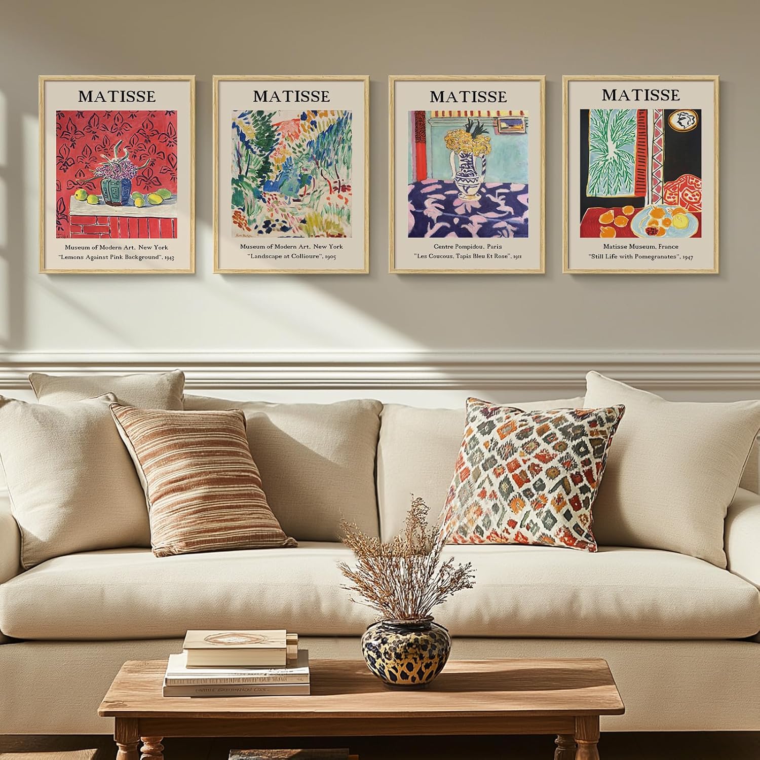 Framed Matisse Wall Art for Living Room Bedroom, Set of 4 Piece Canvas Prints, Bright Colorful Abstract Artwork, Famous Paintings Vintage Pictures