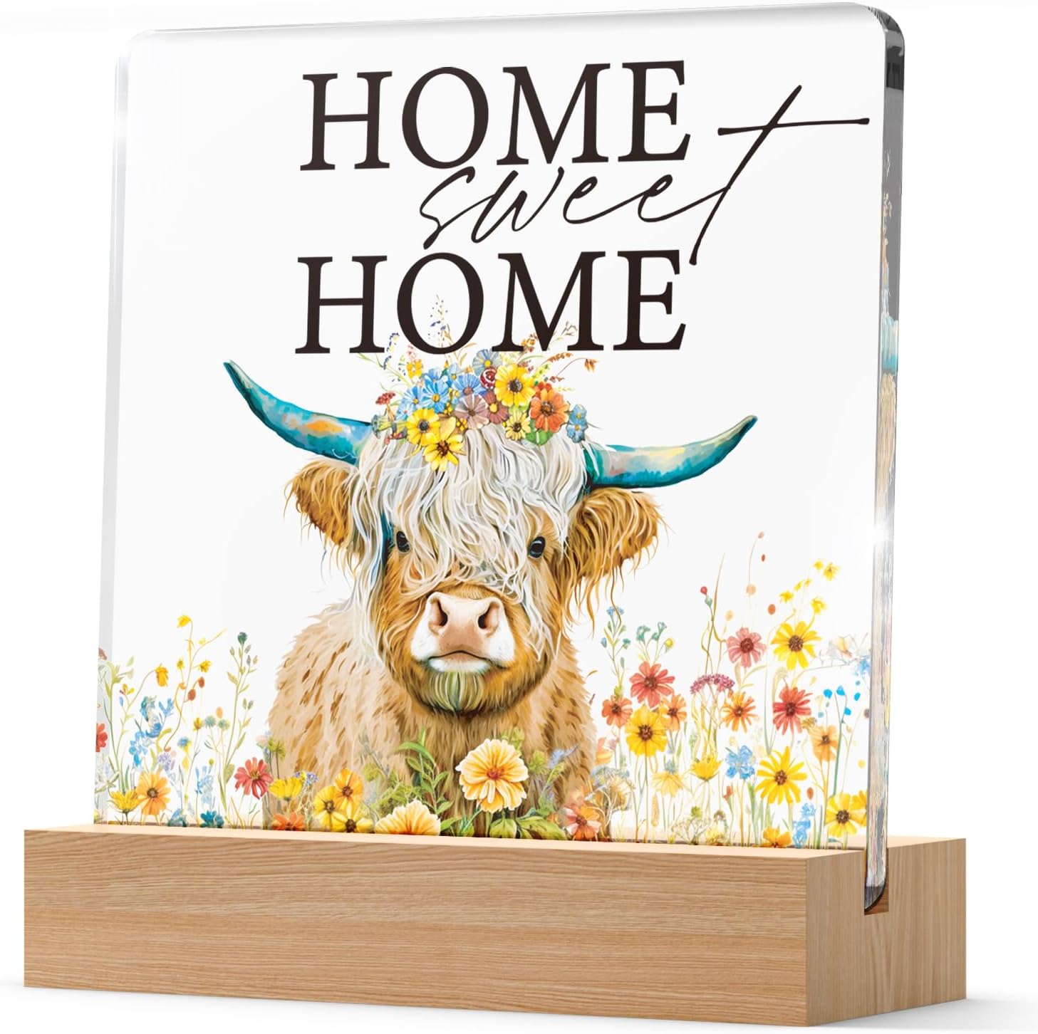 Highland Cow Gifts for Women, Home Sweet Home Acrylic Plaque with Wooden Stand, Housewarming Rustic Gifts Ideas for New House Desk Shelf Farmhouse Room Decorations