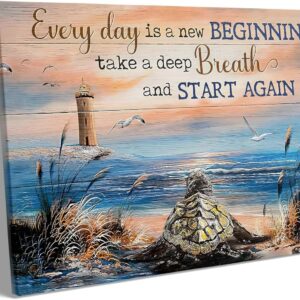 Inspirational Canvas Wall Art, Every Day is a New Beginning Motivational Quote Print, Seaside View with Turtle and Lighthouse, Framed Picture Print Wall Art for Living Room and Office 24" x 30"