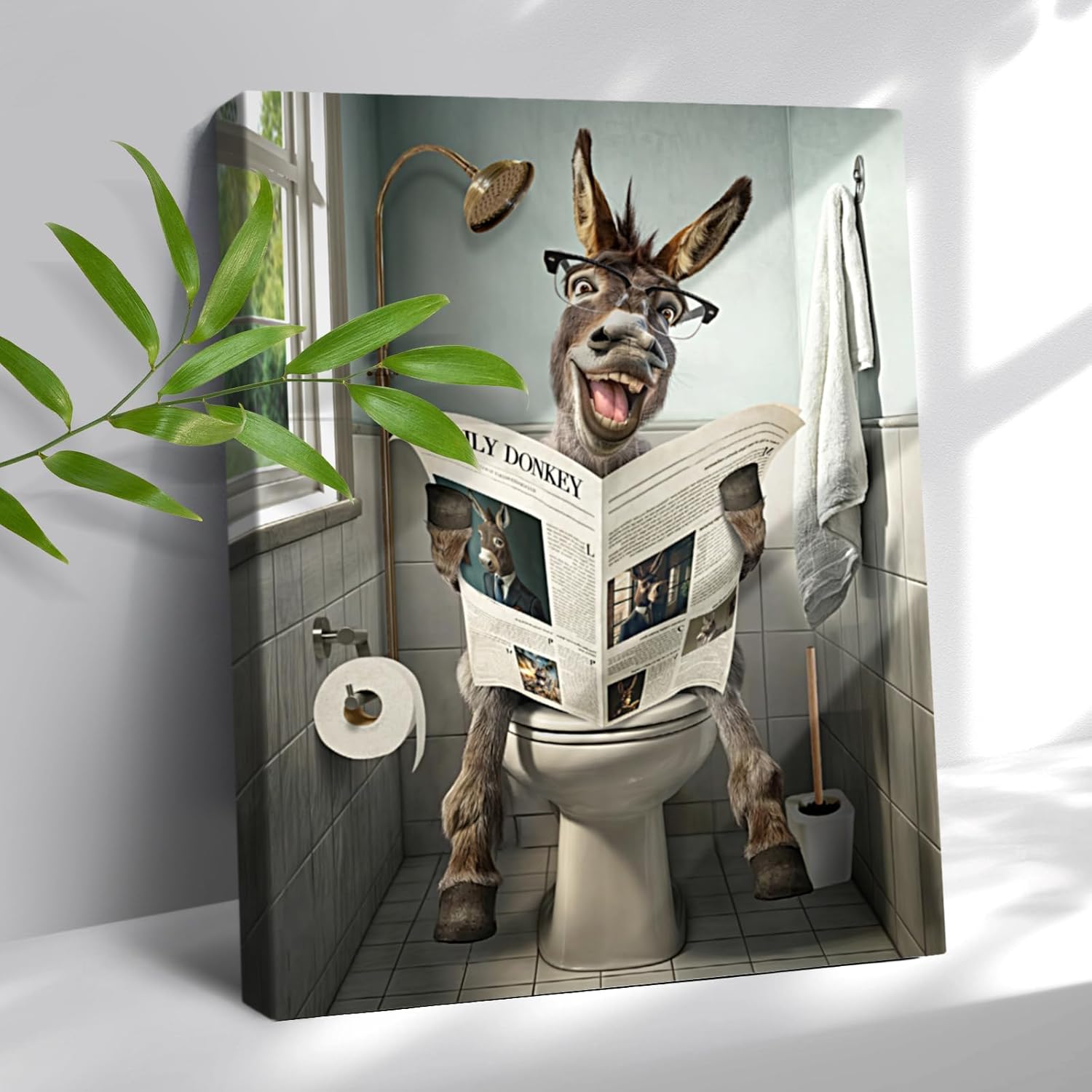 Luixdie Farmhouse Bathroom Wall Art Funny Wall Art Bath Signs Donkey Sitting in Toilet Pictures Canva Rustic Funny Animal Decor Wall Art for Bathroom Toilet Decoration 12x16inch(Frame)