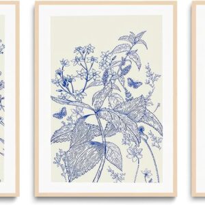 LYPHNX Blue White Chinoiserie Floral Poster Wall Art Navy Watercolor Flower Canva Painting Set of 3 Minimalist Botanical Wildflower Prints Picture Home Decor for Bedroom Living room 12"x16" UnFramed