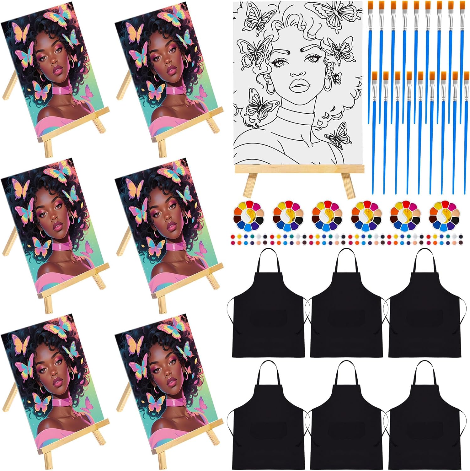 Motipuns 48 Pcs Pre Drawn Canvas Painting Set Sip and Paint Kit Pre Canvas for Adults Family Sip and Paint Party Favor DIY Virtual Party Gifts(Butterfly Girl)