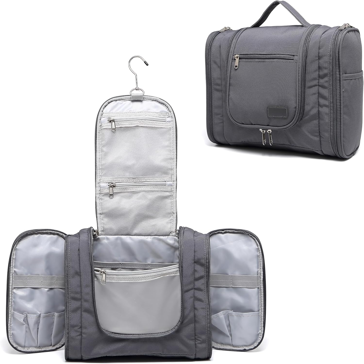 Pearl Angeli Hanging Toiletry Bag for Women, Large Makeup Cosmetic Bag, Water Resistant Toiletries Travel Essentials Organizer, Full-size Container, Grey