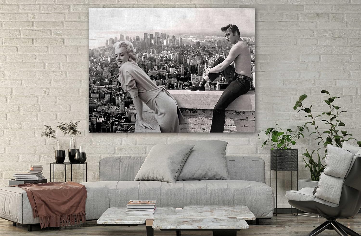 SpiritualHands Marilyn Monroe Canvas Wall Art & Poster - Trendy Girly Makeup Room Decor, Framed Vintage Vogue Print for Bedroom, Chanel Pictures (09 Marilyn Monroe with Elvis, 15" x 22" - Ready to Hang) - Image 5