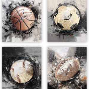 Sports Themed Wall Art, Retro Watercolor Graffiti Football, Baseball, Soccer, Basketball Canvas Prints for Boy's Room Man CNIIOREave Home Decor, Set of 4 - (8 x10 inches Unframed)